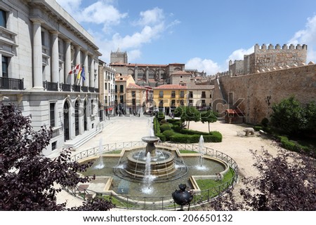 AVILA, SPAIN - JUN 26: Square with a fountain in the old town of Avila. June 26, 2014 in Avila, Castilla y Leon, Spain