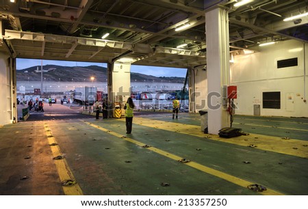 TANGIER, MOROCCO - MAY 24: Car deck of a ferry in Tangier Med Port, Morocco. This ferry connects Morocco and Spain over the Straits of Gibraltar. May 24, 2013 in Tangier, Morocco