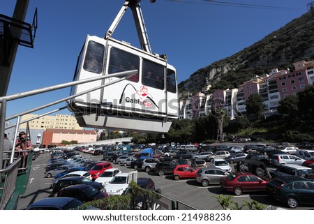 GIBRALTAR - FEB 25: Gibraltar Cable Car at base station. The cable car travels up the Rock of Gibraltar to the Ape's Den and to Top of the Rock taking around 6 minutes. February 25, 2013 in Gibraltar