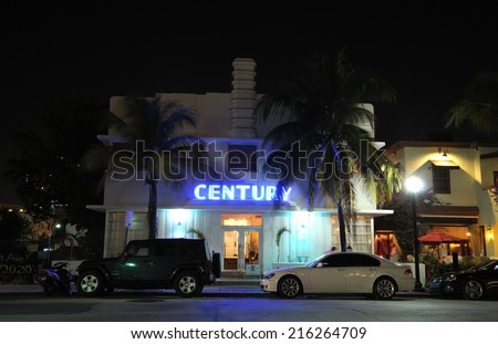 MIAMI, USA - DEC 1: Art Deco Century hotel illuminated at night. Ocean Drive, Miami Art Deco District. December 1, 2009 in Miami South Beach, Florida, USA