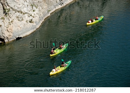 NIMES, FRANCE - JULY 13: Kayaking on river Gard in southern France near Nimes. July 13, 2008 in Provence-Alpes-Cote d\'Azur, France