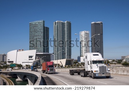 MIAMI, USA - NOV 13: Trucks on the port bridge in Miami. November 13, 2009 in Miami, Florida, USA