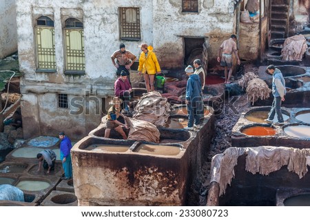 FEZ, MOROCCO - DEC 2: Traditional leather tanneries in the medina of Fez. December 2, 2008 in Fez, Morocco, Africa