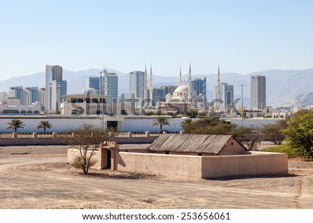 View over the city of Fujairah, Heritage Village in the foreground. United Arab Emirates