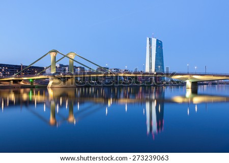 FRANKFURT MAIN, GERMANY - APR 18: New European Central Bank (ECB) building and the Floesser bridge in Frankfurt. April 18, 2015 in Frankfurt Main, Germany