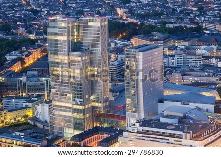 FRANKFURT MAIN - JUNE 27: Nextower skyscraper and Palais Quartier in the city of Frankfurt at night. June 27, 2015 in Frankfurt Main, Germany