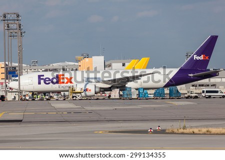 FRANKFURT, GERMANY - JULY 21:FedEx Express Aircraft at the cargo terminal of Frankfurt International Airport (FRA). July 21, 2015 in Frankfurt Main, Germany