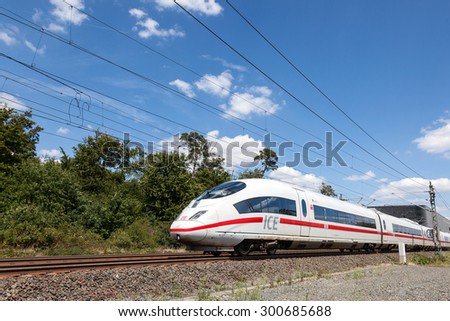 FRANKFURT, GERMANY - JULY 26: Intercity Express (ICE)  train of the Deutsche Bahn (DB) at the Frankfurt International Airport (FRA). July 26, 2015 in Frankfurt Main, Germany