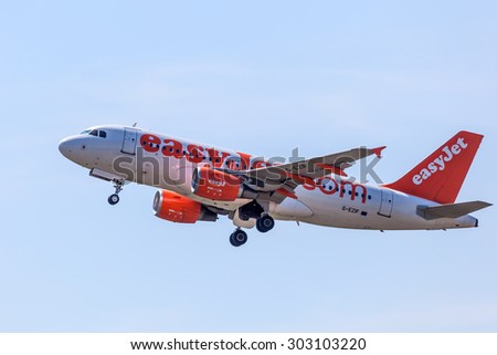 COLOGNE, GERMANY - AUG 1: Airbus A319 of British low-cost airline easyJet starting from the Cologne Bonn Airport (CGN). August 1, 2015 in Cologne, Germany