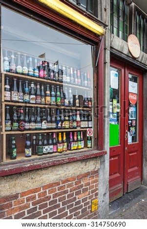 GHENT, BELGIUM - AUG 23: Display window of a kiosk selling belgian beer in Ghent. August 23, 2015 in Ghent, Belgium