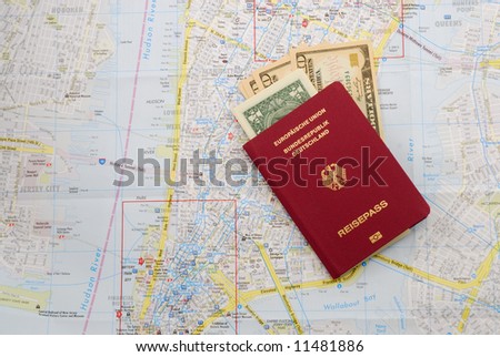 German travel pass with dollar notes over the map of New York