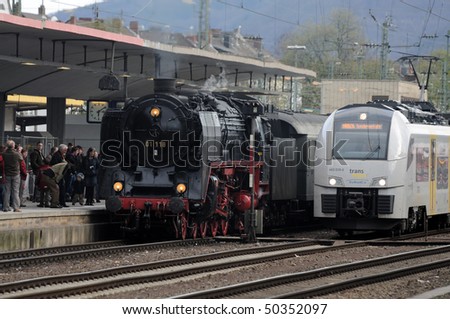 KOBLENZ - APRIL 5: Steam Train at the Main Railway Station in Koblenz. Event: Dampfspektakel 2010. 5 April 2010 in Koblenz, Germany