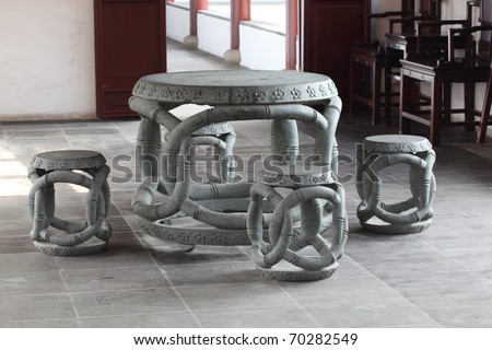 Ancient stone table and chairs in Chinese Temple, Shanghai
