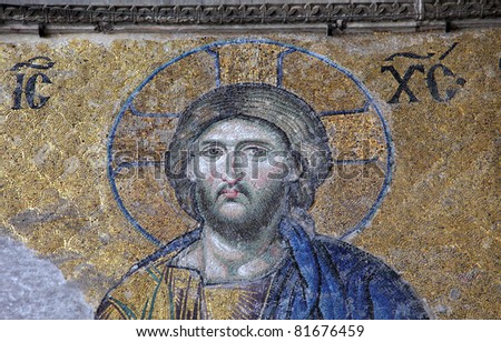 Mosaic of Jesus Christ in the old church of Hagia Sophia in Istanbul, Turkey