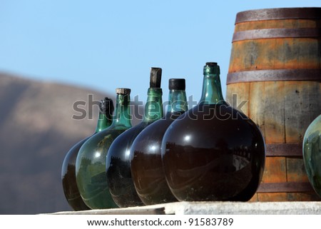 Wine bottles in a winery on Canary Island Lanzarote, Spain