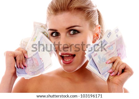 Young Woman Holding Wads of Cash