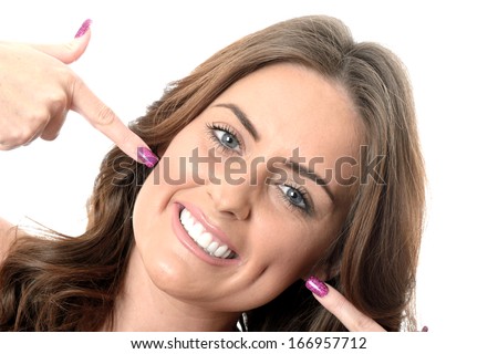 Similar – Image, Stock Photo Young dimpled woman smiles and looks at camera while standing in front of petrol blue wall