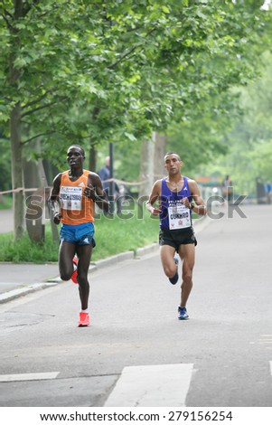 Piacenza, Italy. May 3, 2015: Placentia Half Marathon - The competition winner, Thomas Lokomwa from Kenya, with the record time of 1h and 41 seconds.