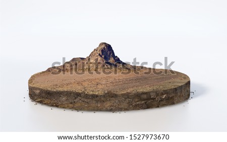 Realistic 3D rendering circle cutaway terrain floor with mountain, 3D Illustration round soil ground cross section with earth land