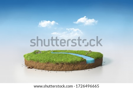 Fantasy 3D rendering circle podium grass field with river, surreal 3D Illustration round soil cutaway cross section isolated on sunny blue afternoon sky