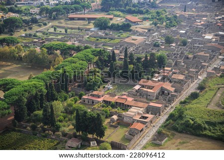 Pompeii, aerial view, naples, archeologic ruins of Pompeii in Italy
