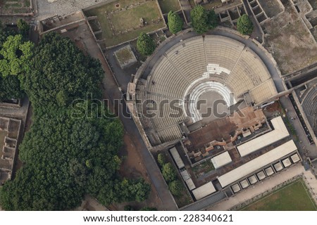 the Roman theater restored in the ancient city POMPEII, aerial view, naples, archeologic ruins of Pompeii in Italy