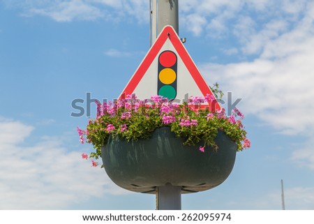Traffic signal traffic light in a flower pot