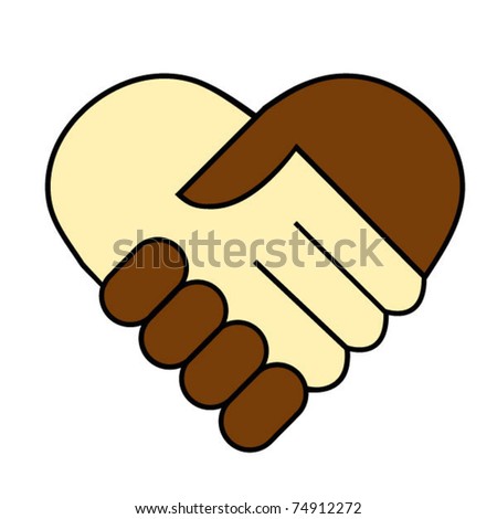 Hand shake between black and white man, heart shaped symbol