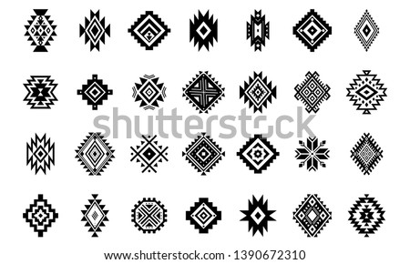 Aztec vector elements. Set of ethnic ornaments. Tribal design, geometric symbols for tattoo, logo, cards, decorative works. Navajo motifs, isolated on white background.