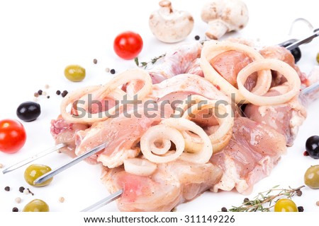 uncooked raw piece of chicken on skewers with serving spices on white background