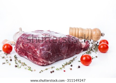 uncooked raw piece of meat fillet with serving spices on white background