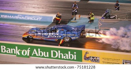 ABU DHABI, UAE - MARCH 4: Hot Rod Fuller set a new UAE record at the Yas Drag Racing Festival hitting a terminal speed of 357.43 km/h on March 4, 2011 in Abu Dhabi, UAE.