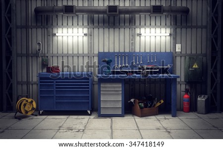Garage workshop with tools & equipment. 3d rendering Foto stock © 
