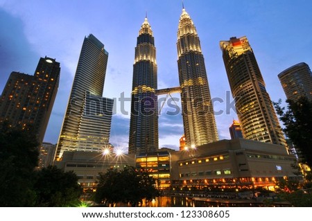 KUALA LUMPUR-OCT-20-2012:View of The Petronas Twin Towers at night on October 20, 2012 in Kuala Lumpur, Malaysia.Petronas Twin Towers are twin skyscrapers and were tallest twin buildings in the world.