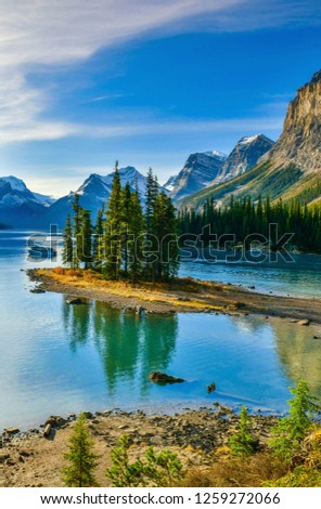 Image, Stock Photo Spirit Island in Maligne Lake, Jasper National Park, Alberta, Canada, in cloudy weather.