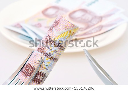 High price of food concept: Eating money for dinner
