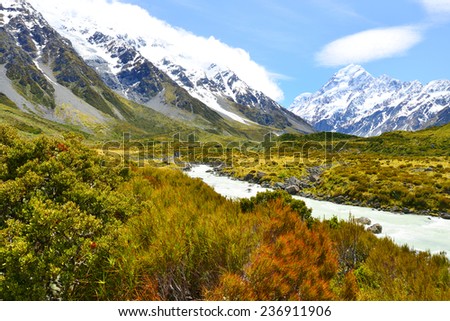 Glacial stream between rocks and gravel in Hooker Valley from Aoraki, Mount Cook, highest peak of Southern Alps, an icon of New Zealand
