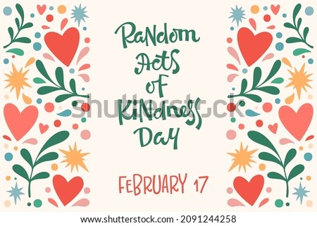 Vector design of greeting card with text Random Acts of Kindness Day February 17 with heart shaped elements and plants on pink background