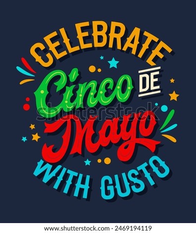 Celebrate Cinco de Mayo with Gusto, festive script lettering in Mexican flag colors with flat confetti and stylized fireworks. Perfect typography for prints, social media, merchandise, and party decor