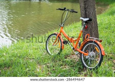 orange folding bicycles in park, bike