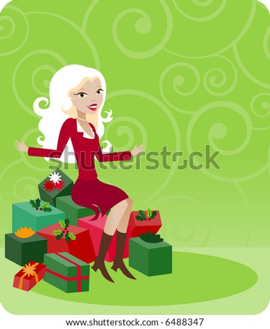 Beautiful woman sits on a heap of wrapped holiday gifts, smiling because her holiday shopping is all done!