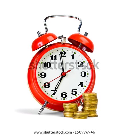 Retro style alarm clock at get up time and yellow coins arranged at columns