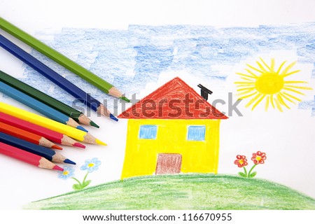 A child draw with an house  and flowers wity colorful pencils