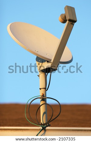 Satellite, Dish, Wired, Cable, Television, Modern, Technology, Satellite, Receiver, Amplifier, Roof, Sky, Blue, Bolts, Nuts, Drain, House,