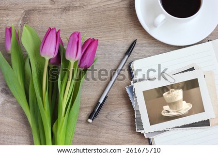 coffee cafe vintage photo retro style flowers tulips gift wood background