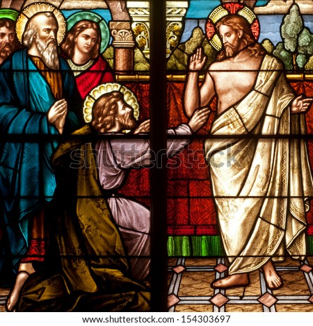 Stained Glass Window Depicting Easter Resurrection Story Of Doubting ...