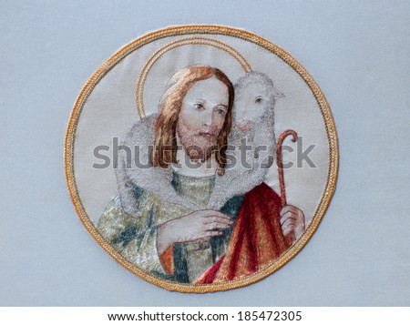 Traditional image of Jesus Christ as the Good Shepherd, with a sheep on his shoulders, hand embroidered in former Art Needlework Department of Saint Benedict\'s Monastery, St. Joseph, Minnesota