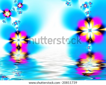 Fractal image of a spring daisy chain border reflected in water.