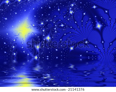Fractal image of an abstract star galaxy or constellation reflected in water.