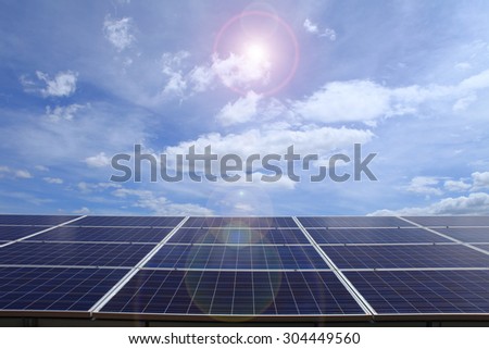 Power plant using renewable solar energy on blue sky cloud with sun.
